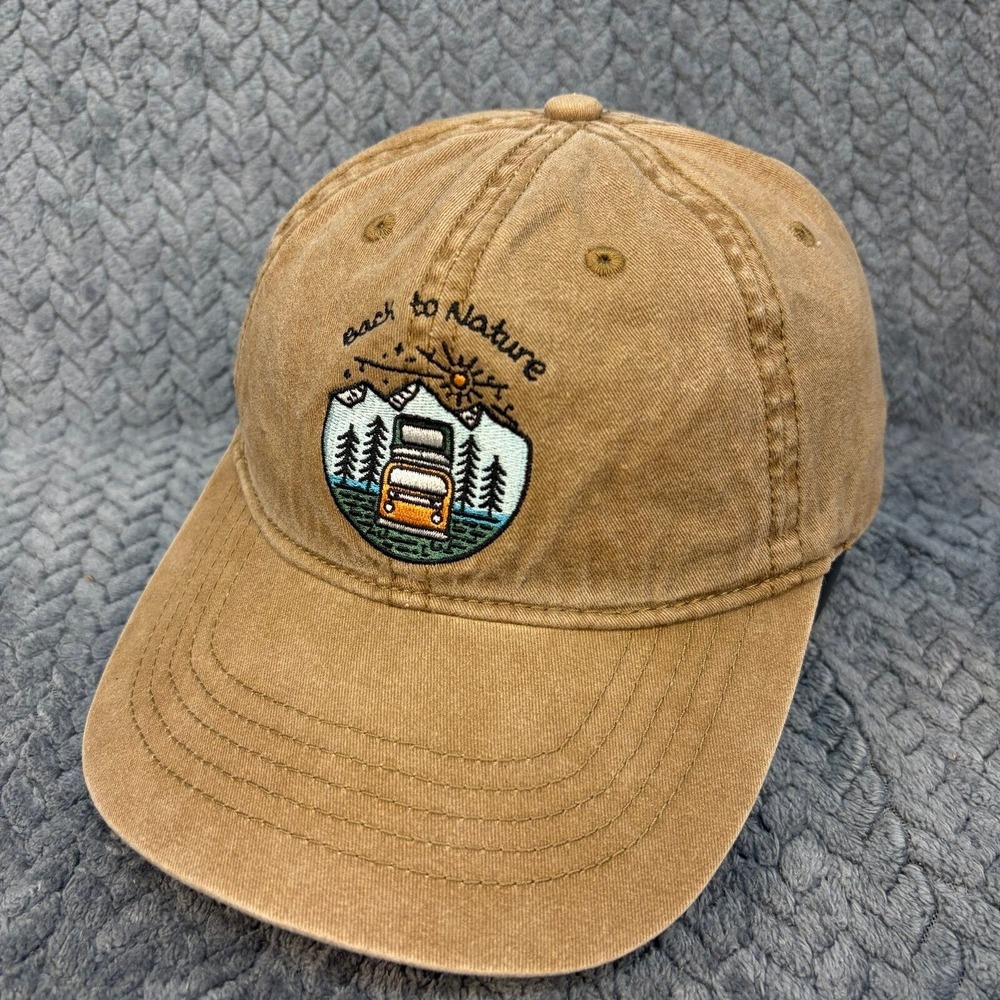 Back to Nature Camper Van Embroidered Dad Hat Beige Washed Cotton Baseball Cap